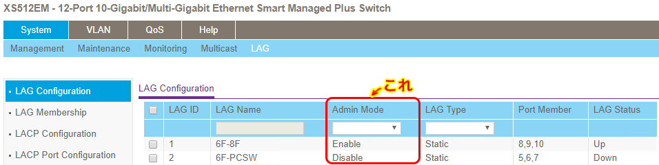  XS512EMのLAG設定画面 